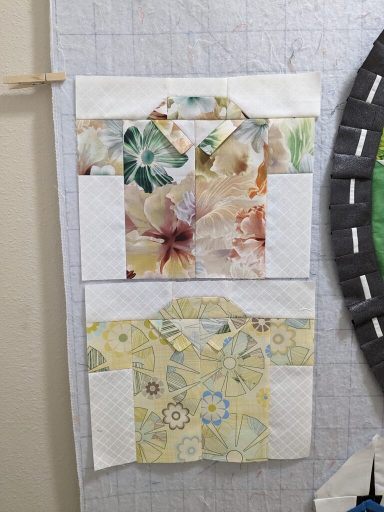 Two different blocks of the Hawaiian shirt quilt.