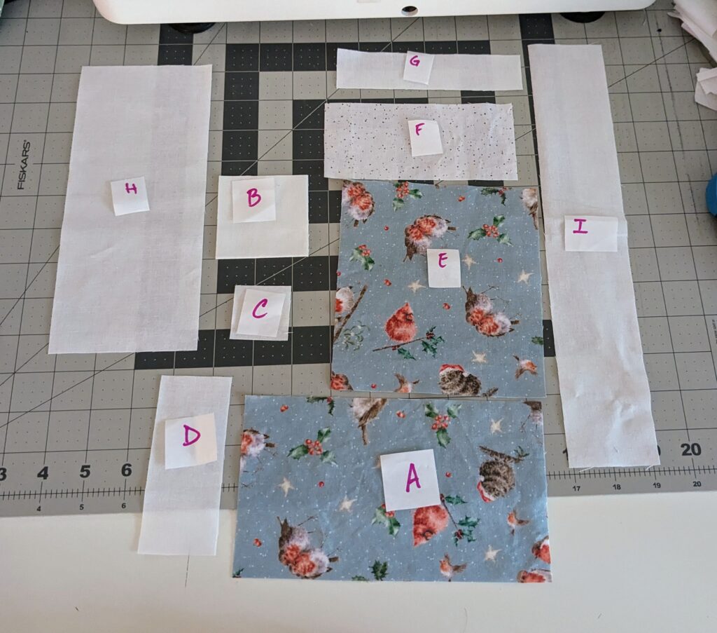 All the pieces for the stocking quilt block, laid out in order and labeled.