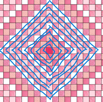 An image from EQ8 software of the Around The World quilt in pink, with blue lines to represent how to quilt the top.