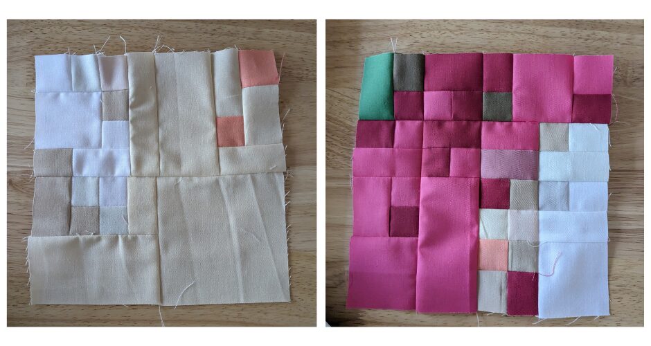 Two pixel quilt blocks. The one on the left shows puckers, the one on the right has better seams.
